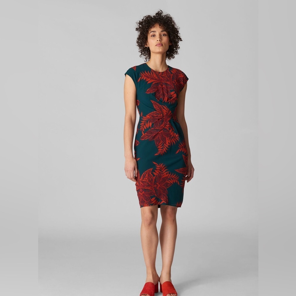 Whistles Teal Red Leaf Print Midi Dress Sheath Size 4